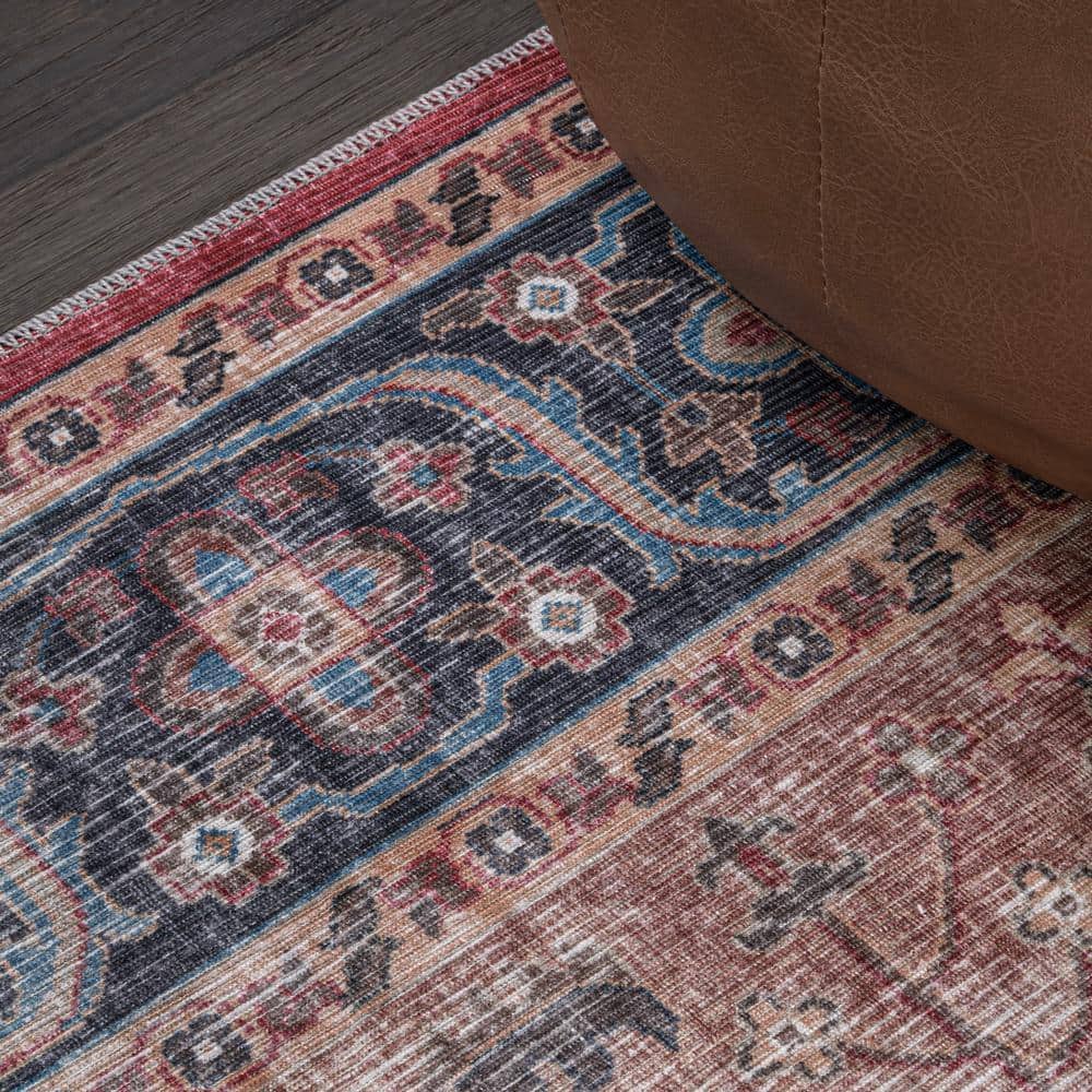 Red and Blue Medallion Washable Synthetic Area Rug 3' x 5'