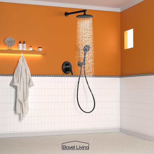 5-Spray Patterns with 2.66 GPM 9 in. Wall Mount Dual Shower Heads with Pressure Balance Round-In Valve in Matte Black