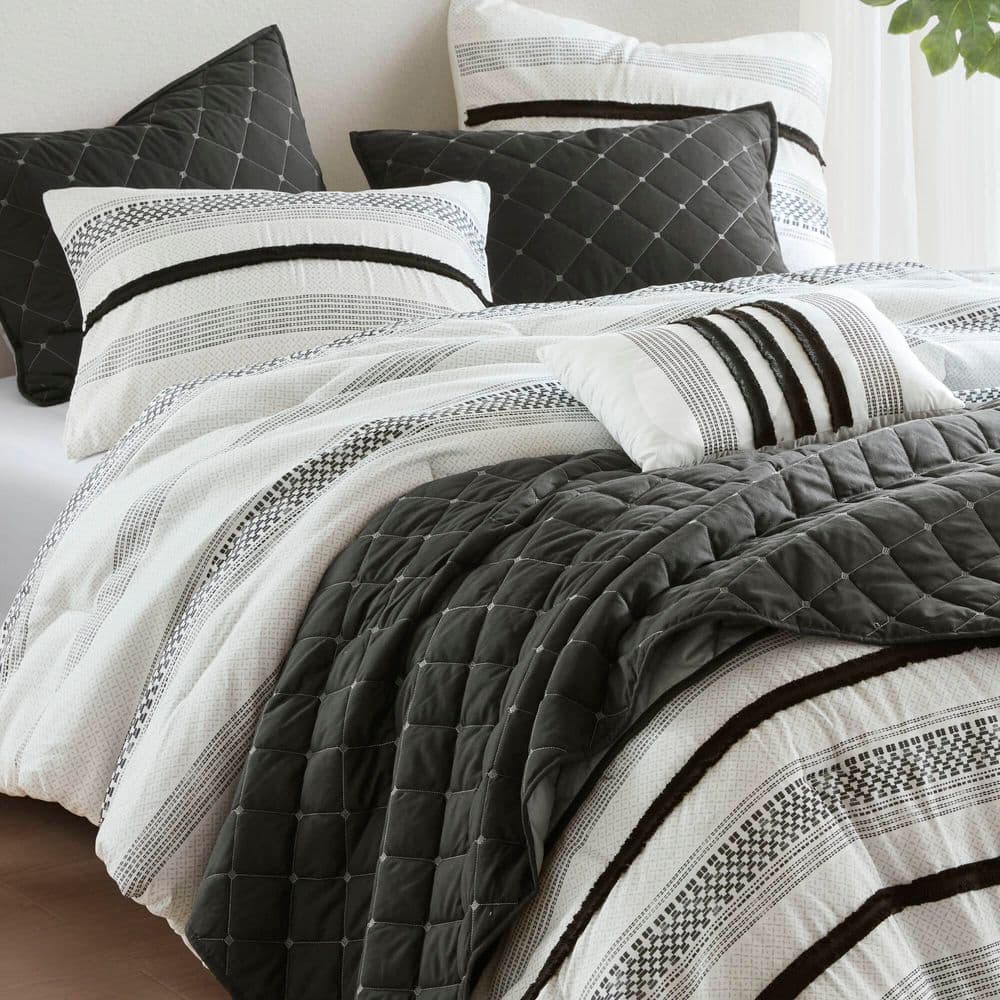 Black and White Microfiber Full Bedspread Set with Stripes