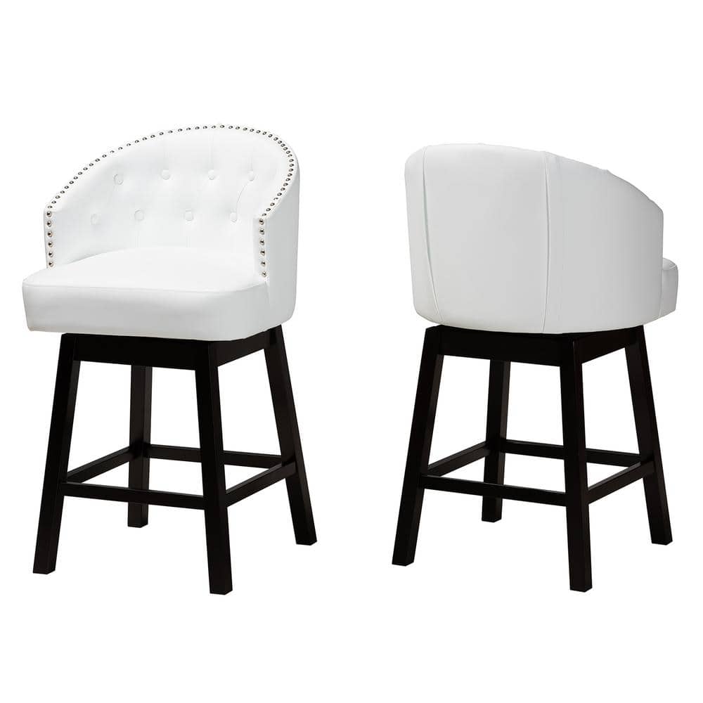 White Faux Leather and Espresso Wood Swivel Counter Stools, Set of 2