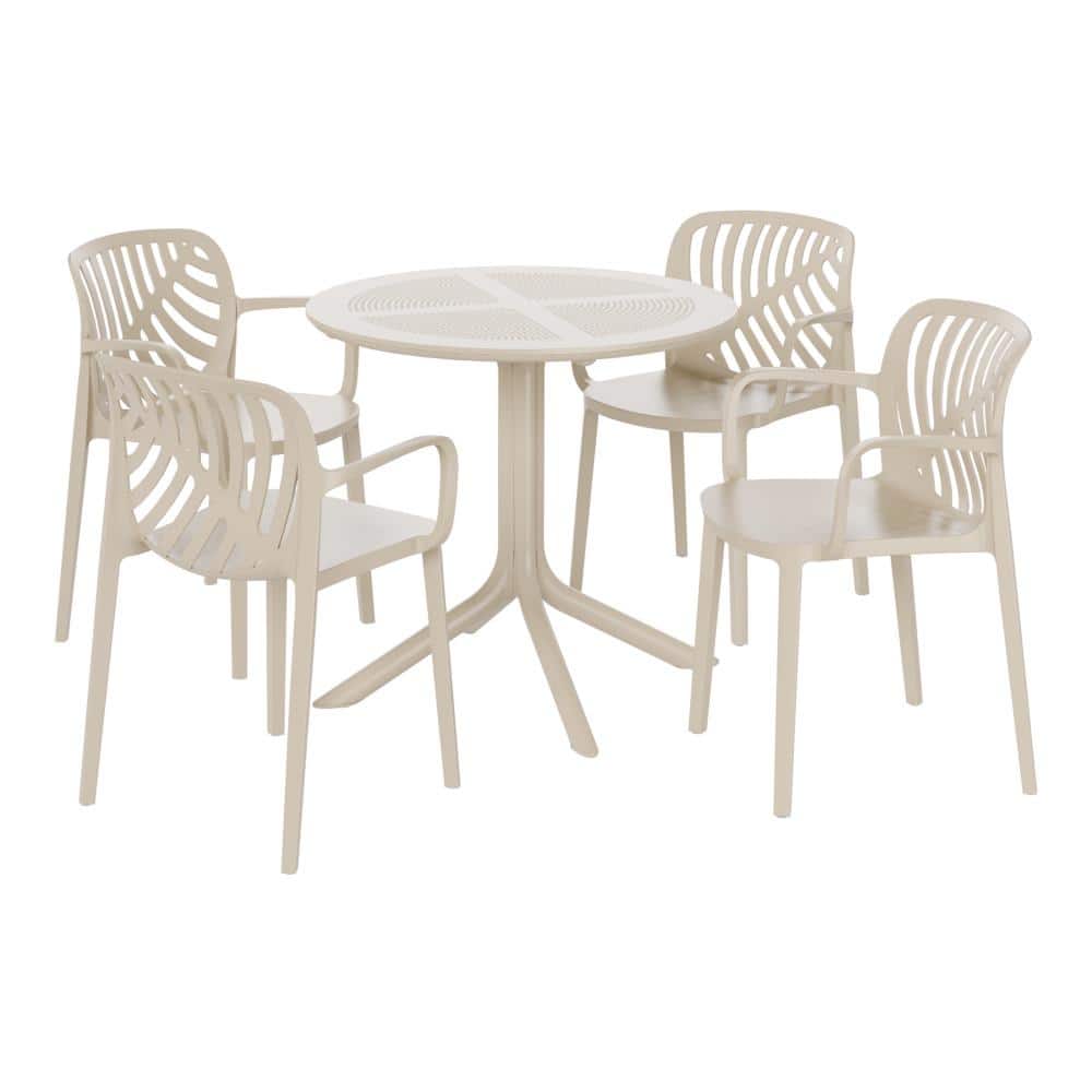 Frond&Form Modern Outdoor Patio Poly Plastic 5-Piece Round Table Dining Set w/ 4 Stackable Chairs in Sand price history on PriceWatchPro