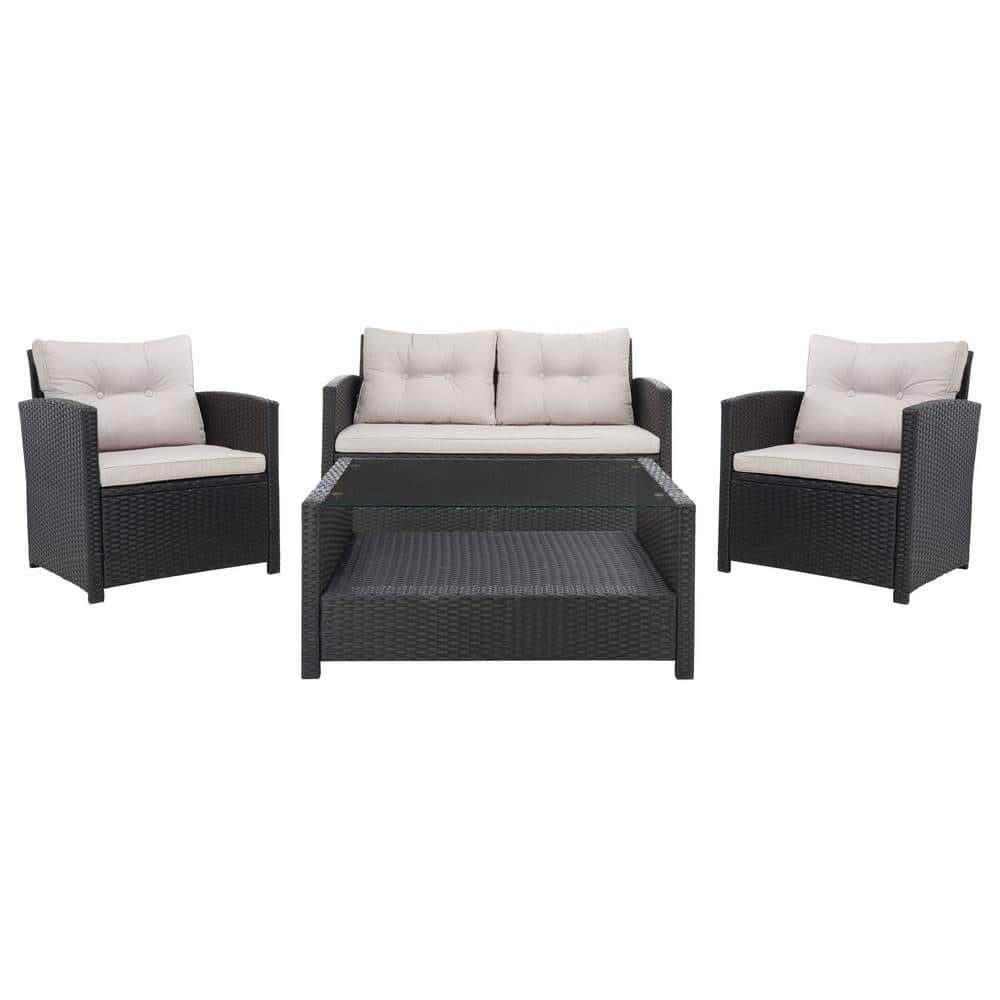 Vellor Black and Light Grey Wicker 4-Piece Patio Conversation Set