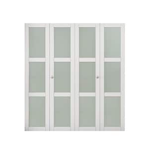 72 in. x 80 in. 3-Lite Tempered Frosted Glass and Solid Core White Finished Close Bi-Fold Door with Hardware