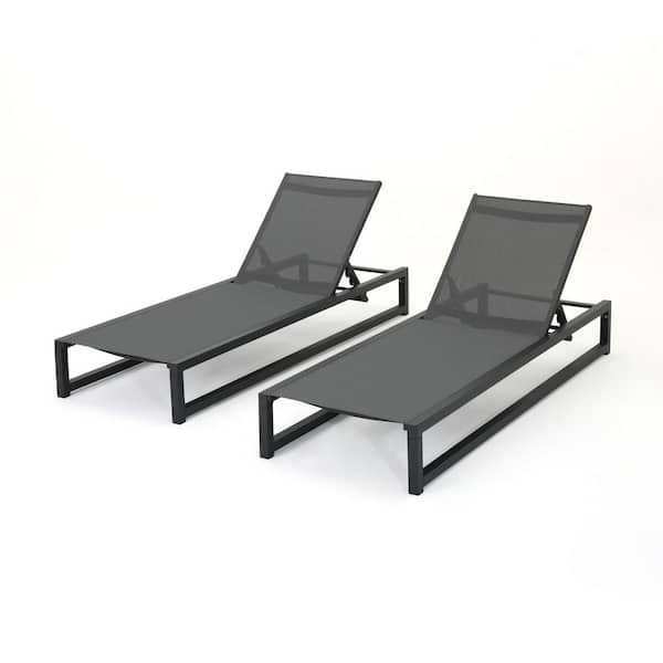 5-Level Black Adjustable 2-Piece Outdoor Chaise Lounge with Durable Aluminum Frame and Light Gray Textilene Mesh