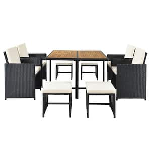 Black 9-Piece Wicker All-Weather Outdoor Dining Set Wooden Tabletop with Beige Cushions