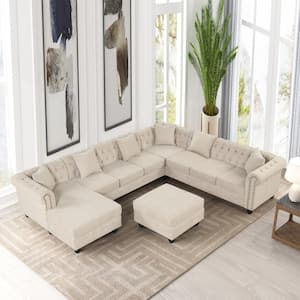4-Piece Beige Linen Corner Sectional 132in.W Rolled Arms U Shape Sectional Sofa in. with Ottoman