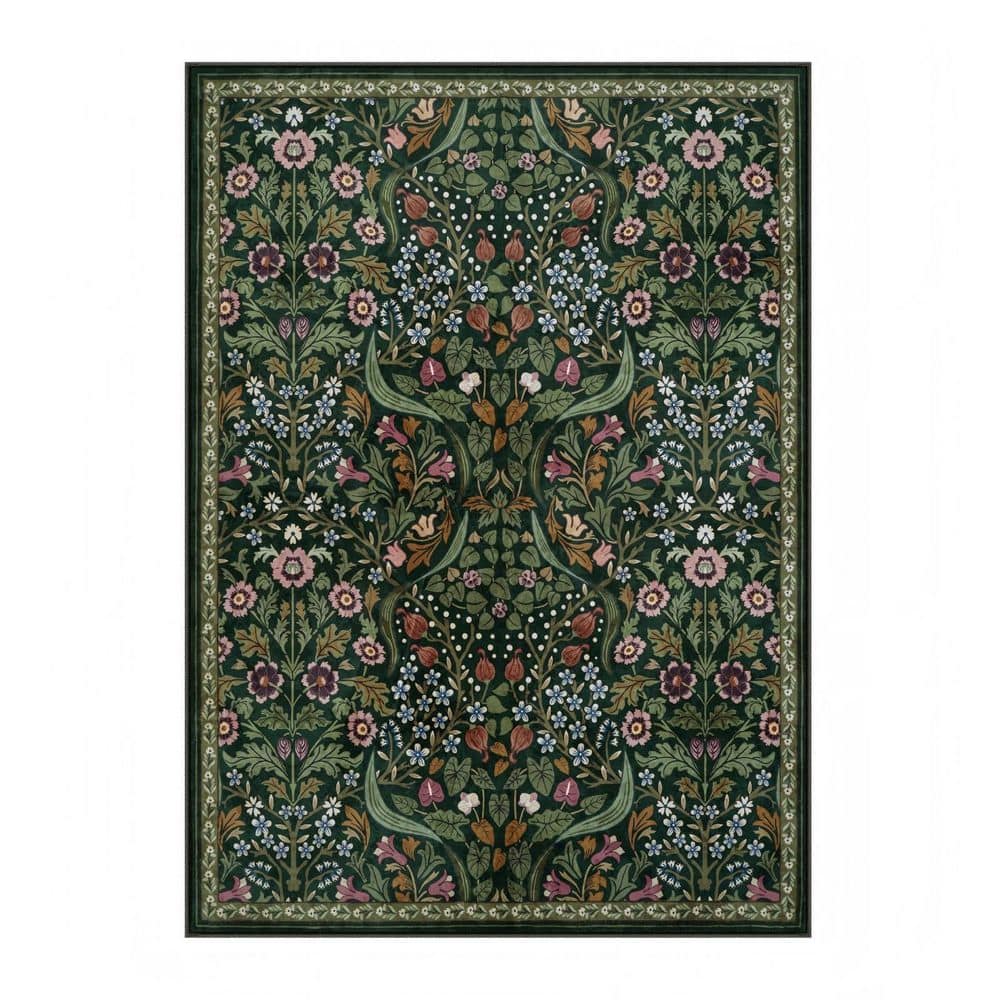 Green And Raspberry Area Rug Lahome Multi-Colored Floral Plant Washable 5 ft. x 7 ft. Green Area Rug ...