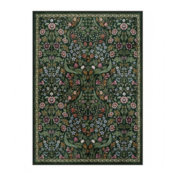 Multi-Colored Floral Plant Washable 5 ft. x 7 ft. Green Area Rug