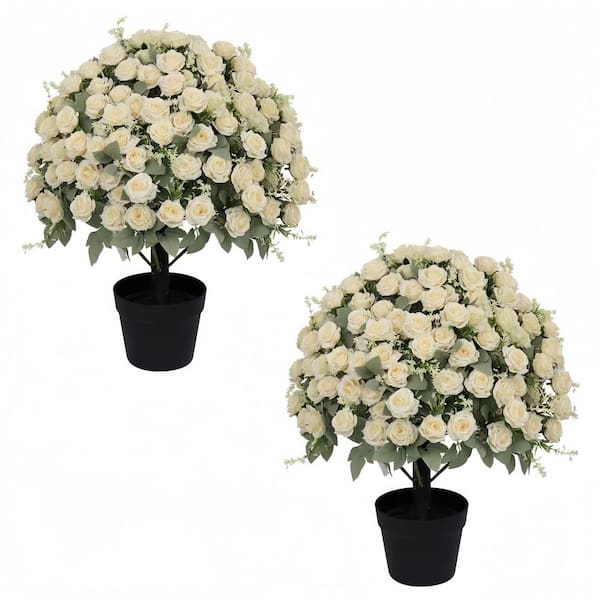 24 in. White Artificial Rose - Lifelike Faux Floral Plants - Suitable for Indoor and Outdoor Decoration - 2-Pot Set