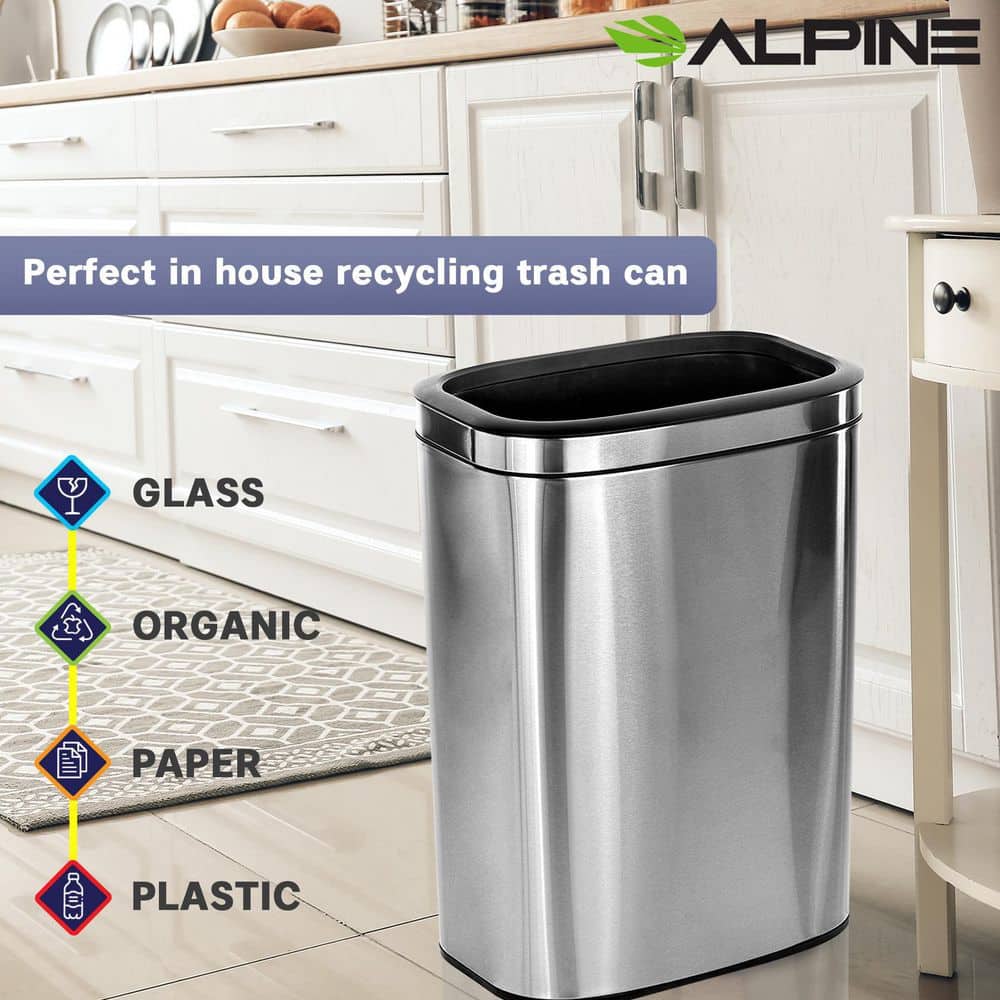 10.5 Gallon Brushed Stainless Steel Open Top Trash Can Set