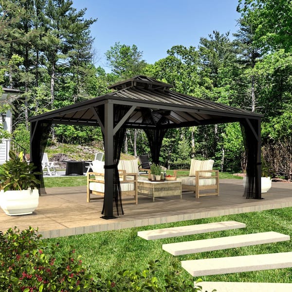 12 ft. W x 12 ft. D Metal Hardtop Gazebo with Galvanized Double Roof and Textilene Netting