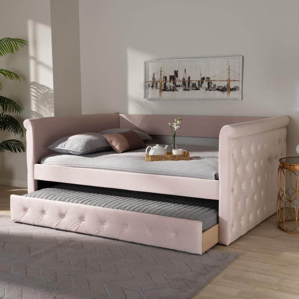 Light Pink Velvet Queen Daybed with Trundle and Tufted Upholstery