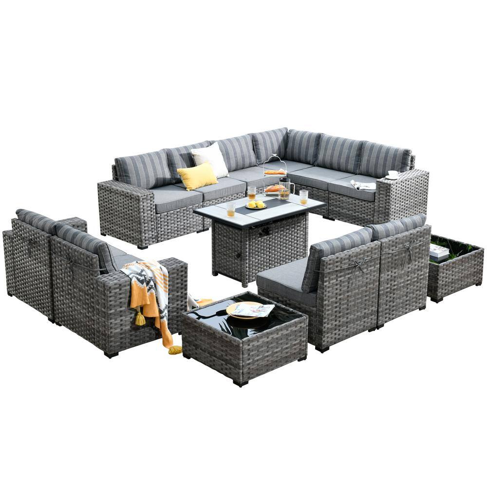 Marlton 13-Piece Gray Wicker Outdoor Sofa Set with Fire Pit