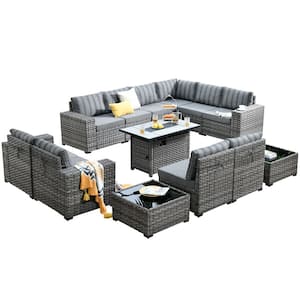 Tahoe Grey 13-Piece Wicker Wide Arm Outdoor Patio Conversation Sofa Set with a Fire Pit and Striped Grey Cushions