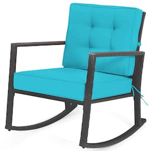Wicker Patio Glider Chair Outdoor Rocking Chair with Turquoise Cushions