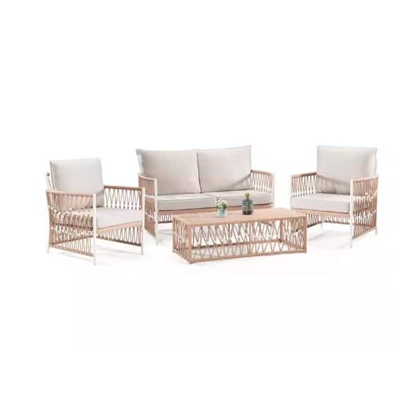 Zeus & Ruta 4-Piece Yellow Wicker Outdoor Patio Sectional Sofa Conversation Set with Beige Cushions and 1 Coffee Table