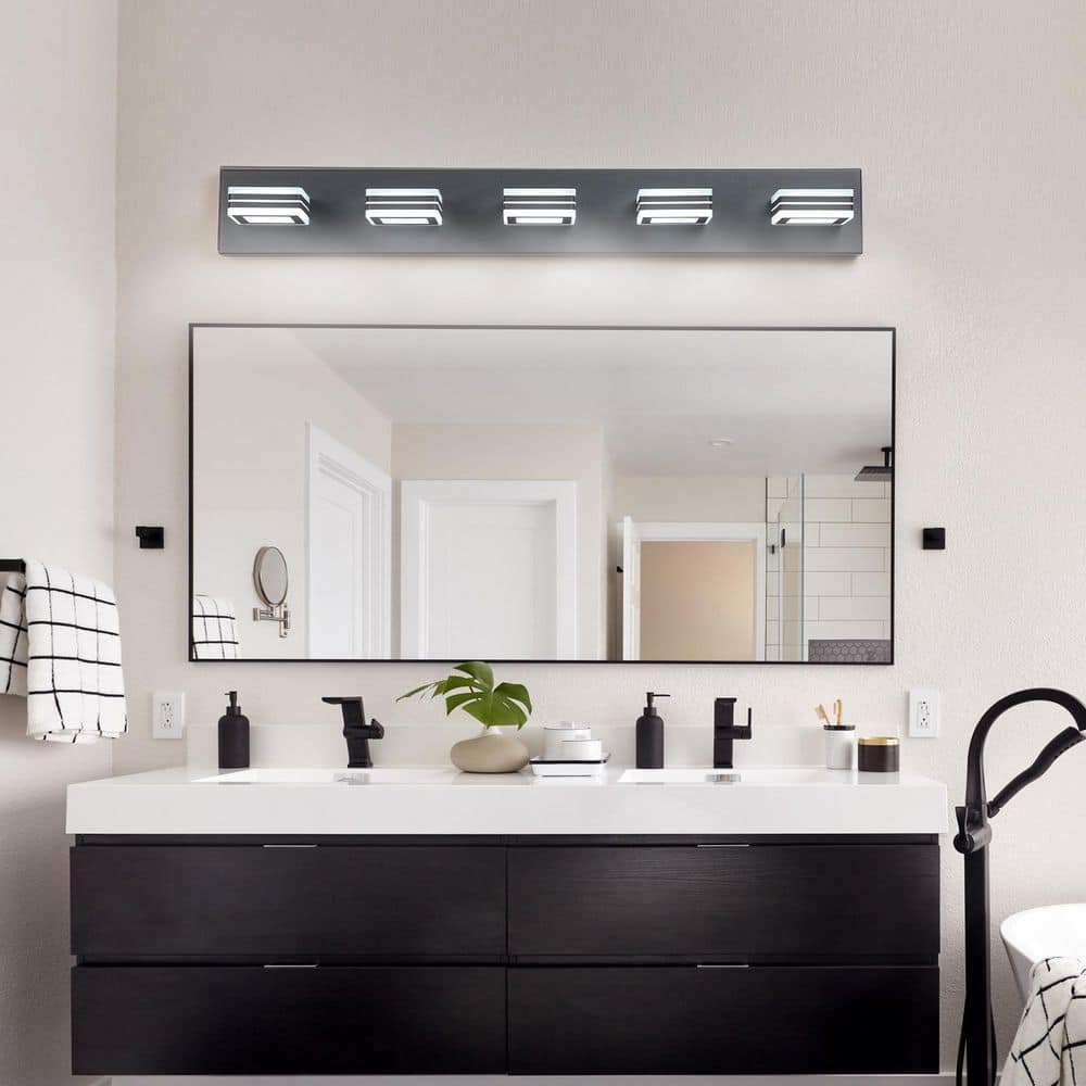 32 in. Modern Black 5-Light LED Vanity Light, Square Acrylic Lampshades Wall Mount Fixture for Bathroom, Mirror Lighting price history on PriceWatchPro