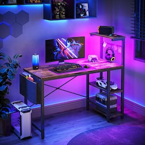 44 in. Rectangular Rustic Brown Computer Desk with RGB LED Lights Gaming Desk with 4 Tier Shelves and Storage Bag