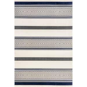 Ivey Modern Striped Fringe Blue Grey 8 ft. x 10 ft. Indoor/Outdoor Area Rug