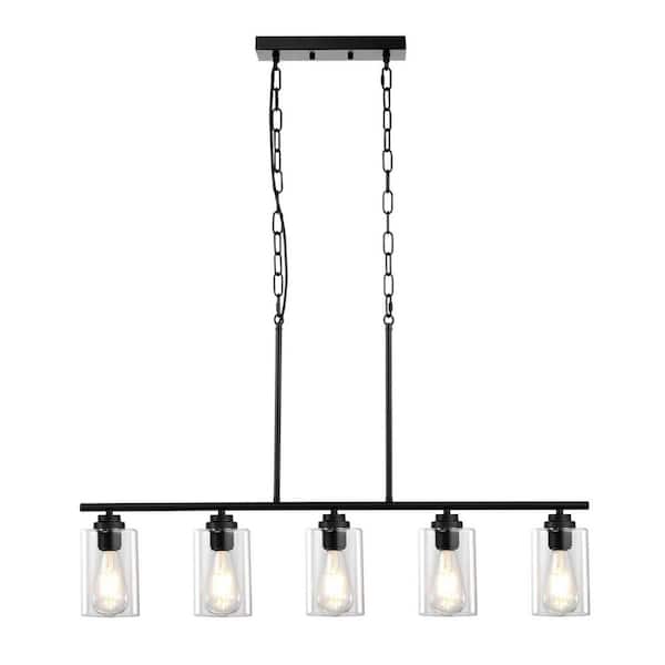Natural 60-Watt 5-Light Black Iron Pendant Light with Clear Glass Shade and No Light Bulb Included