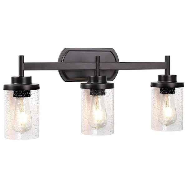 JAZAVA 22 in. 3-Light Oil Rubbed Bronze Bath Vanity Light Wall Sconce Light with Seeded Glass Shade