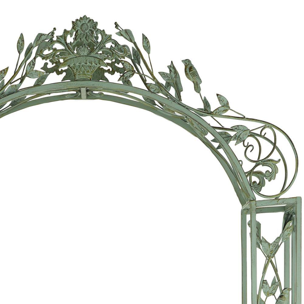 Green Wrought Iron Scrollwork Arched Garden Arbor with Bird Sculptures