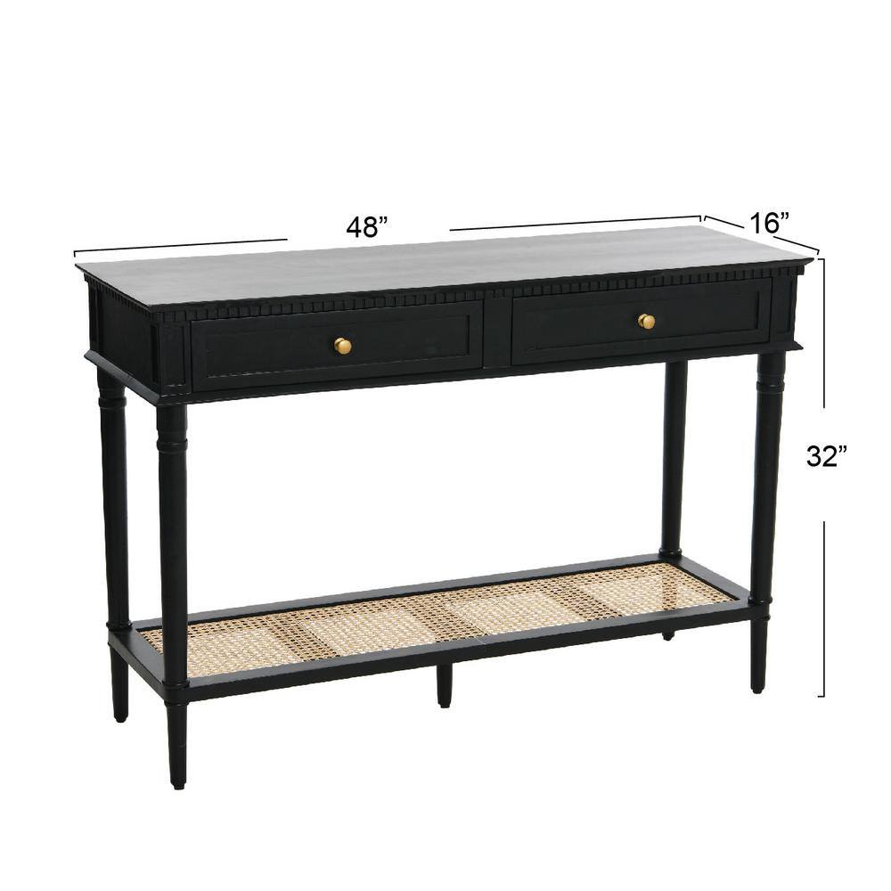 Black Acacia Wood Console Table with Cane Shelf and Storage