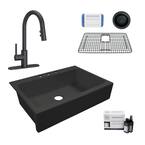 Josephine 34 in. Quick-Fit Drop-In Farmhouse Single Bowl Matte Black Fireclay Kitchen Sink with Black Stellen Faucet Kit