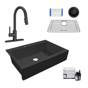 Josephine 34 in. 3-Hole Quick-Fit Farmhouse Apron Front Drop-in Single Bowl Matte Black Fireclay Kitchen Sink Faucet Kit