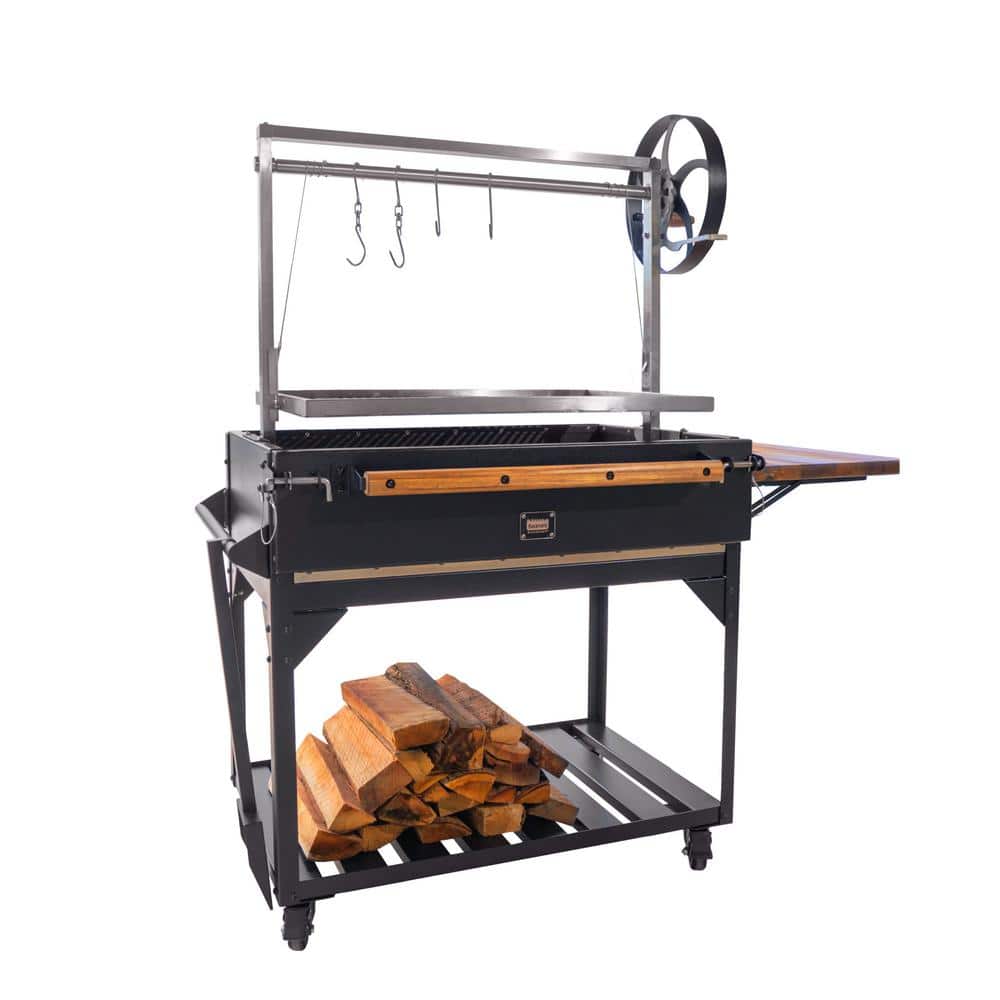 Argentine Black Steel BBQ Grill with Acacia Wood Side Table
