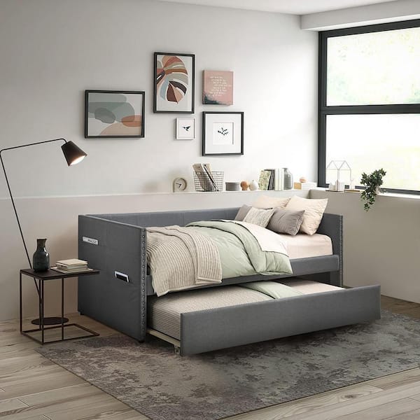Lazzara Auberon Dark Gray Textured Fabric Upholstered Twin Daybed with Trundle
