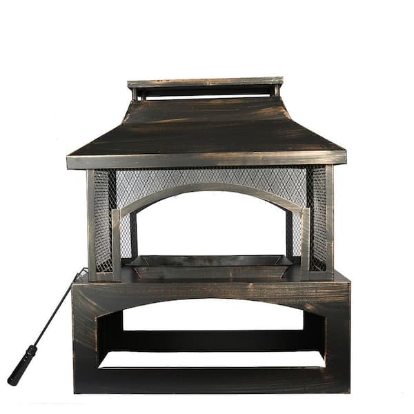 37 in. Steel Backyard Outdoor Fireplace Fire Pit with Built-In Log Storage and Poker