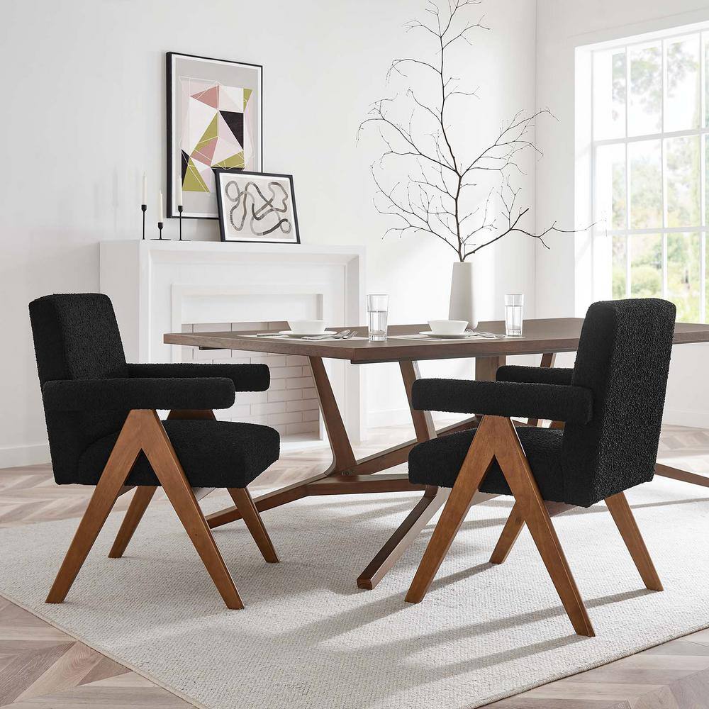 Black Boucle Upholstered Arm Chair with Rubberwood Legs