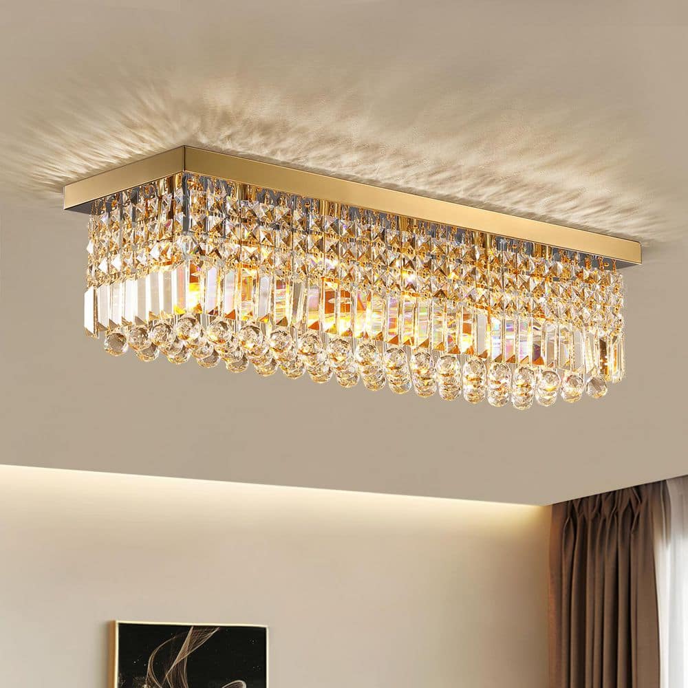 31.5 in. 6-Light Gold Rectangle Flush Mount with K9 Clear Crystal Shade and No Bulbs Included price history on PriceWatchPro
