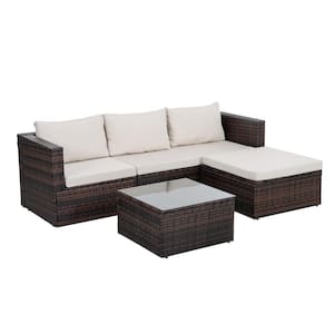 Brown 5-Piece Wicker Outdoor Patio Conversation Set With Tempered Glass Coffee Table and Beige Cushions