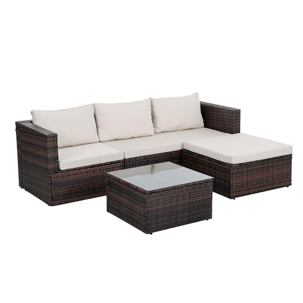 Sudzendf Brown 5-Piece Wicker Outdoor Patio Conversation Set With Tempered Glass Coffee Table and Beige Cushions