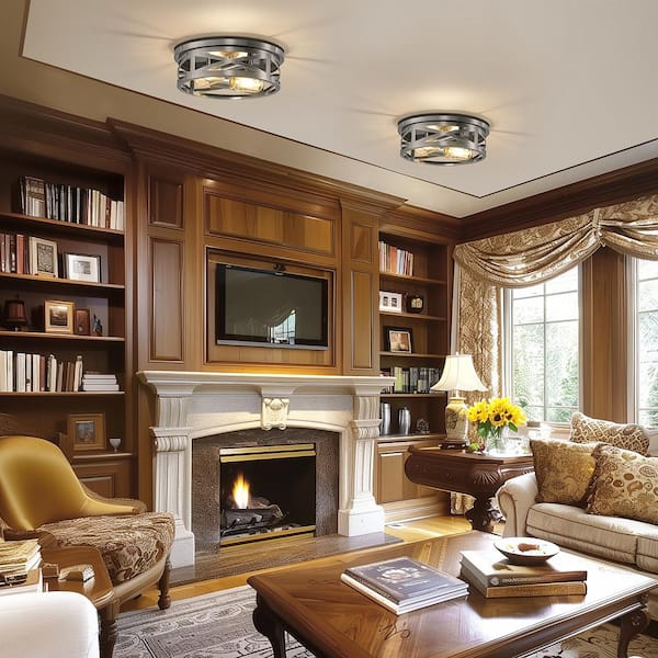 11 in. 2-Light Nickel Flush Mount Ceiling Light, Farmhouse Drum Cage Fixture for Bedroom Entryway