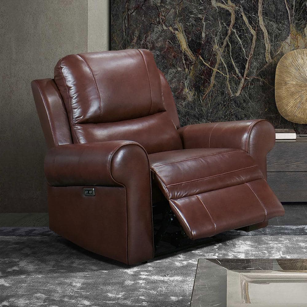 Brown Leather Power Recliner with Wood Frame and USB Port