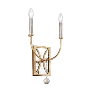 Marielle 2-Light Antique Gild French Country Wall Sconce with Wood Beads and Gold Leaf Accents