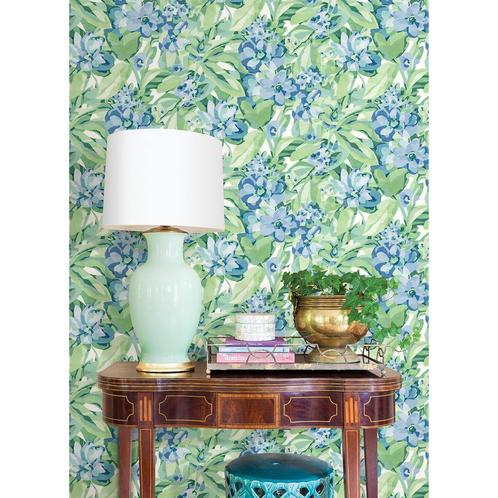 Heather Green and Blue Vinyl Floral Peel and Stick Wallpaper