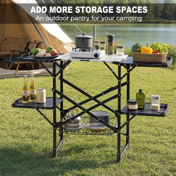 Folding Camping Kitchen Table with Countertop, Storage Shelf