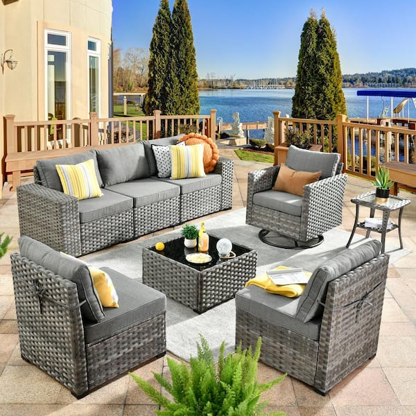 HOOOWOOO Crater Grey 8-Piece Wicker Wide-Plus Arm Patio Conversation Sofa Set with a Swivel Rocking Chair and Grey Cushions