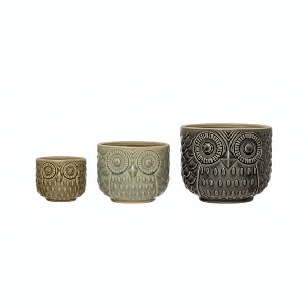 Storied Home 5.12 in. W x 4.12 in. H Crackle Glaze Stoneware Owl Decorative Pot (3-Pack)