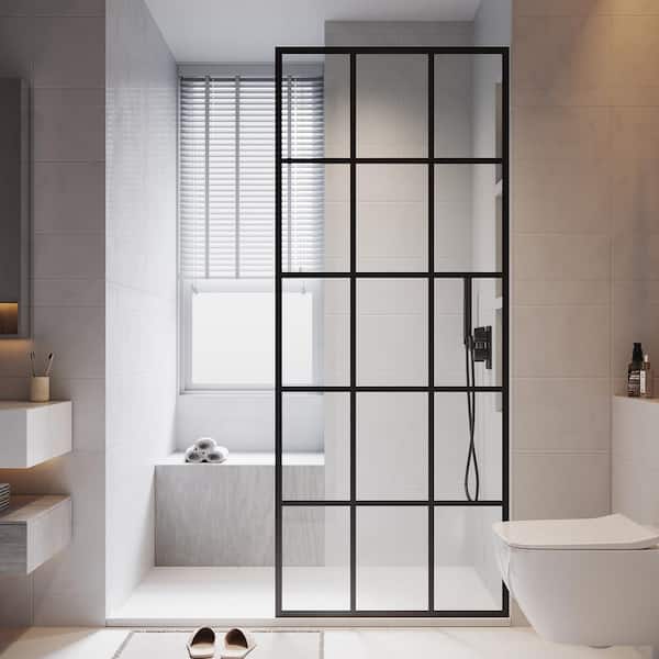 UKP02 32 in. W x 78 in. H Frameless Fixed Shower Panel Screen in Matte Black, 3/8 in. SGCC Black Grid Glass