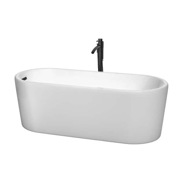 Wyndham Collection Ursula 67 in. Acrylic Flatbottom Bathtub in White with Matte Black Trim and Faucet