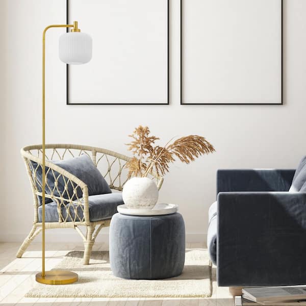 River of Goods Elaine 62.75 in. Brushed Gold-Colored Floor Lamp with White Contoured Glass Shade
