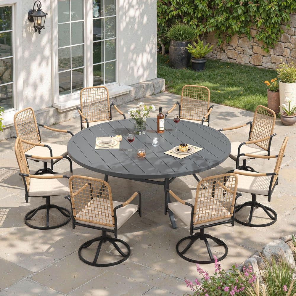 9-Piece Metal Outdoor Dining Set with 63 in. Gray Round Table and 8 Swivel Wicker Chairs with Beige Cushions price history on PriceWatchPro