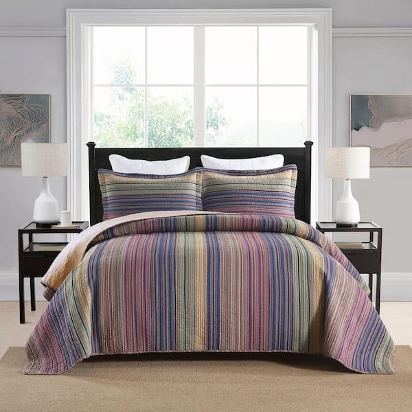 CP324 Purple Striped King Size 100% Cotton Quilt Bedspread Set
