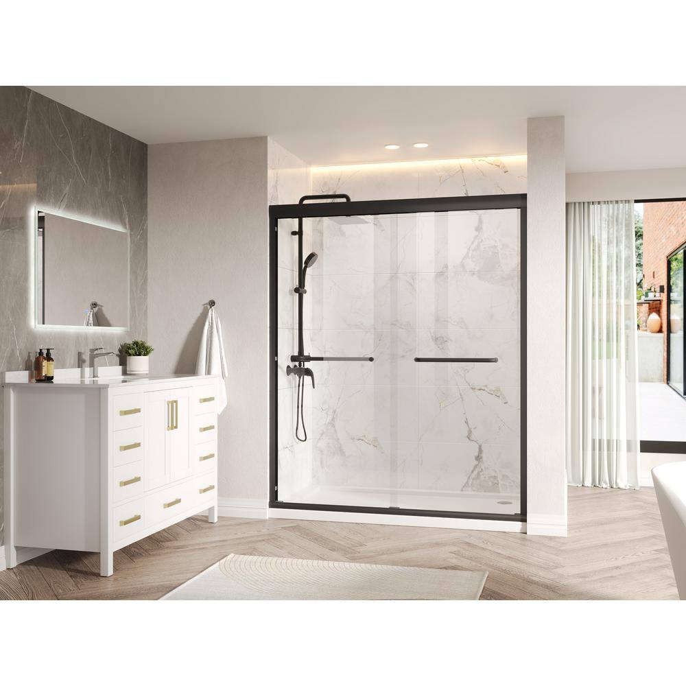60-Inch Matte Black Aluminum Double Sliding Shower Door with Clear Glass