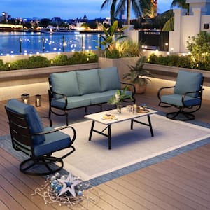 Metal 5 Seat 4-Piece Steel Outdoor Patio Conversation Set with Swivel Chairs, Denim Blue Cushions, Marble Pattern Table